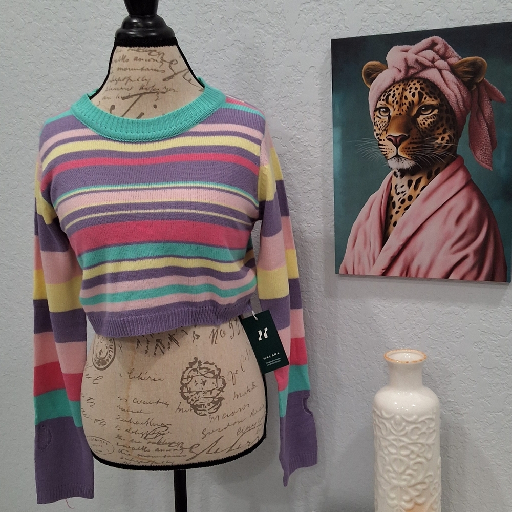 NWT HALARA Colorful Striped Cropped Sweater